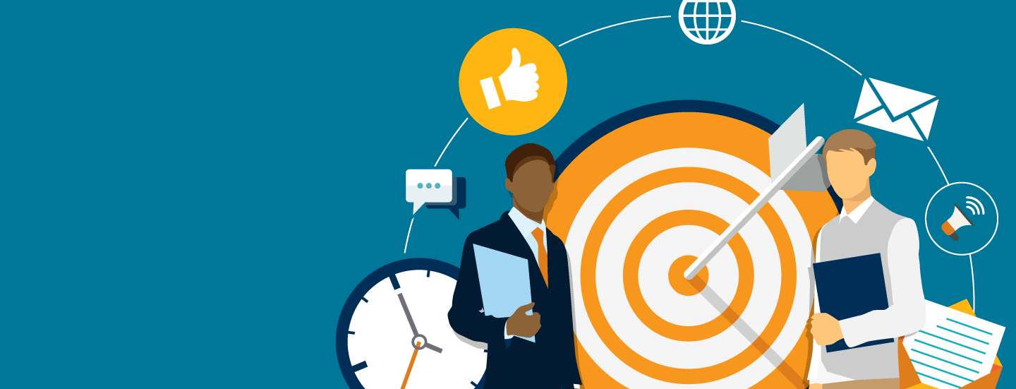 digital illustration of two businessmen holding folders in front of a giant target and other business icons