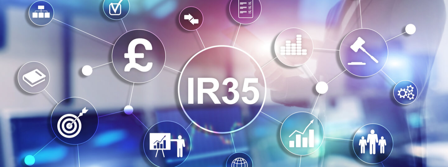 digital illustration of a web of analytics icons connecting to large text in the center reading 'IR35'